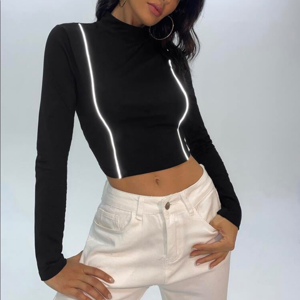 Stand Collar Reflective Piping Crop Long sleeve Top